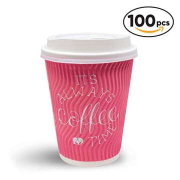 Basalla Disposable Coffee Cups with Lids - Paper Cups 12 Oz 100 Pack, Insulated No Need Sleeve for Hot Beverage, To Go for Car, Eco-Friendly Leak Proof, Resealable Lids Make Travel Safe