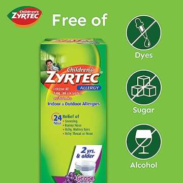 Zyrtec 24 Hour Children's Allergy Syrup with Cetirizine HCl, Antihistamine Allergy Medicine for Indoor & Outdoor Allergy Relief for Kids, Dye-Free & Sugar-Free, Grape Flavor, 8 fl. oz