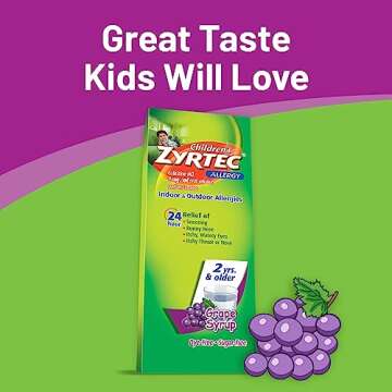 Zyrtec 24 Hour Children's Allergy Syrup with Cetirizine HCl, Antihistamine Allergy Medicine for Indoor & Outdoor Allergy Relief for Kids, Dye-Free & Sugar-Free, Grape Flavor, 8 fl. oz