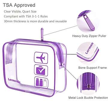 Lermende 2pcs/pack Clear Toiletry Bag TSA Approved Travel Carry On Airport Airline Compliant Bag Quart Sized 3-1-1 Kit Luggage Pouch (Purple)