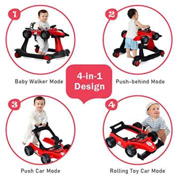 BABY JOY 4-in-1 Baby Walker, Foldable Activity Walker with Adjustable Height & Speed, Music, Lights, Anti-Rollover, Toddler Push Walker, Baby Walker with Wheels for Boys Girls 6-18 Months (Red)