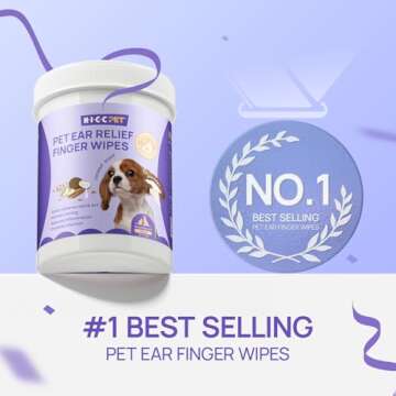 HICC PET Ear Finger Wipes for Dogs & Cats - Gently Remove Ear Wax, Debris - Sooths & Deodorizes - Relieve Ear Itching & Inflammation, Fresh Coconut Scent, All Natural Ingredients - 50 Count