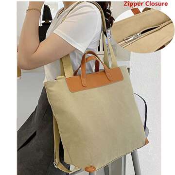 Bydenwely Casual Daily Canvas Tote Shoulder Satchel Bag with Zipper, Multifunctional Practical Large Capacity Handbag for Everyday Carry for Work School Shopping Traveling Beach Sports (Light Khaki)