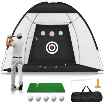 Golf Practice Net, 10x7ft Golf Hitting Aids Nets for Backyard Driving Chipping, Home Golf Swing Training with Targets /1 Golf Mat / 5 Golf Balls / 1 Golf Tees / Bag - Men Indoor Outdoor Sports Game