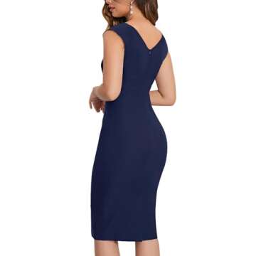 MUXXN Women's 1950s Sleeveless V Neck Midi Ruched Slim Business Wear to Work Pencil Dress Blue L