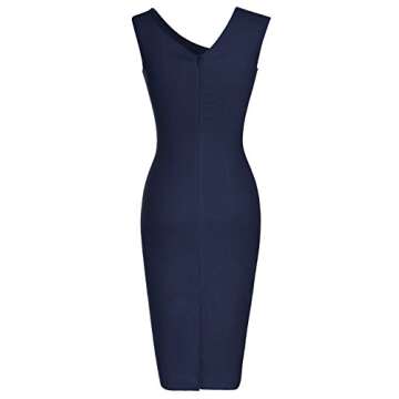 MUXXN Women's 1950s Sleeveless V Neck Midi Ruched Slim Business Wear to Work Pencil Dress Blue L