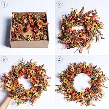 J'FLORU Artificial Fall Wreath 20 Inch Autumn Wreath for Front Door Thanksgiving Wreaths with Colorful Daisies for Wall Window Harvest Festival Celebration