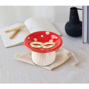 dgudgu Mushroom Ring Holder Jewelry Tray Red Ring Dish Ceramic Trinket Storage Jar Mini Engagement Ring Holder