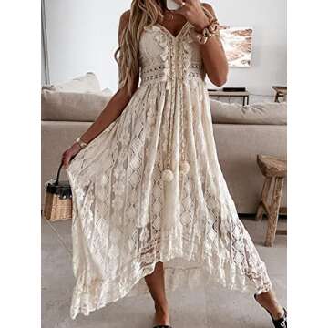 CUPSHE Womens Summer Slip Boho Maxi Dress Lace Up Tassel V-Neck Flare Ruffle Beach Dresses White Medium