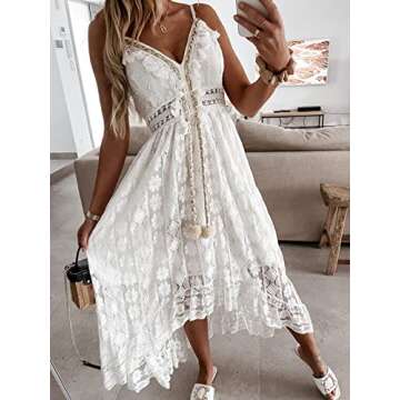 CUPSHE Womens Summer Slip Boho Maxi Dress Lace Up Tassel V-Neck Flare Ruffle Beach Dresses White Medium