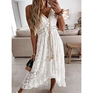 CUPSHE Womens Summer Slip Boho Maxi Dress Lace Up Tassel V-Neck Flare Ruffle Beach Dresses White Medium