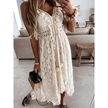 CUPSHE Womens Summer Slip Boho Maxi Dress Lace Up Tassel V-Neck Flare Ruffle Beach Dresses White Medium