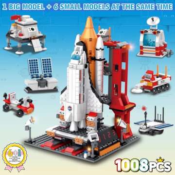 Sitodier Space Exploration Shuttle Toys for 8-12 and 8-14 Years Boys Kids, 1008pcs 7 Models Aerospace Building Set with Heavy Transport Rocket and Launcher, Educational Construction Toy