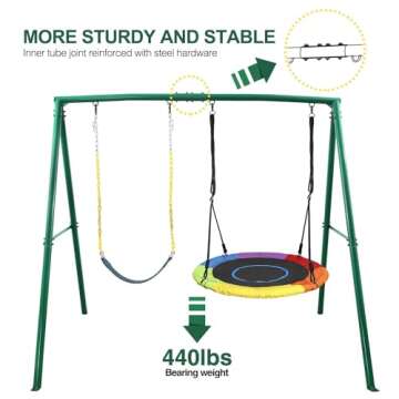 Trekassy 440lbs 2 Seat Swing Sets for Backyard, 1 Saucer Swing and 1 Belt Swing with Heavy Duty Outdoor A-Frame Metal Swing Stand for Playground, Playset