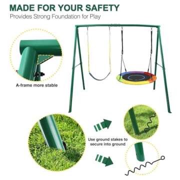 Trekassy 440lbs 2 Seat Swing Sets for Backyard, 1 Saucer Swing and 1 Belt Swing with Heavy Duty Outdoor A-Frame Metal Swing Stand for Playground, Playset