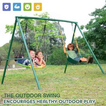 Trekassy 440lbs 2 Seat Swing Sets for Backyard, 1 Saucer Swing and 1 Belt Swing with Heavy Duty Outdoor A-Frame Metal Swing Stand for Playground, Playset