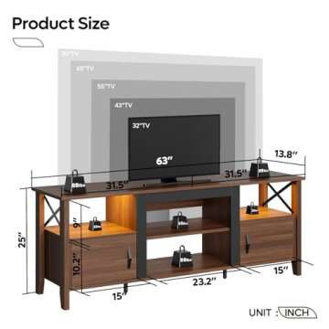 Bestier Farmhouse TV Stand for 70 inch TV, Gaming Entertainment Center with LED Lights, TV Console with 2 Storage Cabinets and Shelf for Living Room, 63'' Inch, Ancona Walnut