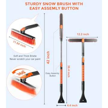 DooGooCoo [Upgrade] Ice Scraper & Extendable Snow Brush for Car Windshield [Military-Grade Sturdy] - 360° Pivoting Brush Head with Silicone Grip for Effortless One-Swipe Clean on Auto (Large)