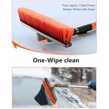 DooGooCoo [Upgrade] Ice Scraper & Extendable Snow Brush for Car Windshield [Military-Grade Sturdy] - 360° Pivoting Brush Head with Silicone Grip for Effortless One-Swipe Clean on Auto (Large)