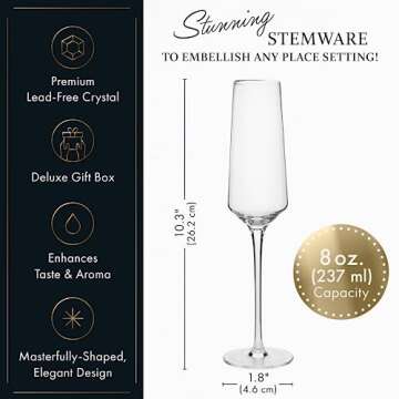 ELIXIR GLASSWARE Classy Champagne Flutes - 8 oz - Set of 4 Elegant Flute Wine Glasses - Hand Blown Crystal Champagne Glasses - Wedding Gifts for Couples, Engagement Gift, Housewarming Gifts