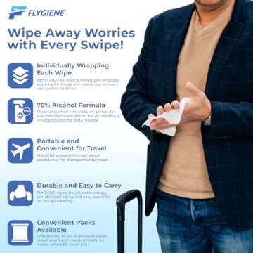 FLYGIENE - 70% Alcohol Travel Wipes - Premium On-the-Go Unscented Wet Hand Wipes - Convenient Travel Hand Wipes - Perfect for Daily Use & Travel Hygiene - Easy to Carry and Effective(10 Pieces)