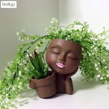 Dolkgy Face Flower Pot Head Planter, Black Woman Unique Planters for Indoor Outdoor Plants, Novelty Plant Pots Lady Vase with Drainage Hole Home Garden Succulents Cactus