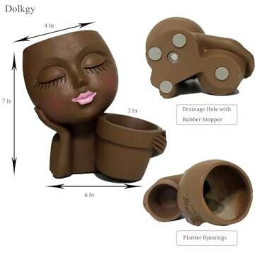 Dolkgy Face Flower Pot Head Planter, Black Woman Unique Planters for Indoor Outdoor Plants, Novelty Plant Pots Lady Vase with Drainage Hole Home Garden Succulents Cactus