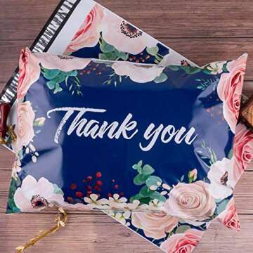 RUSPEPA 14.5x19 Inch Poly Mailers Shipping Bags Thank You Notes Flowers Surrounded Navy Poly Mailers 3 Mil Heavy Duty Self Seal Mailing Envelopes - 50 Pack