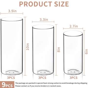 9 Pack Cylinder Vases- for Centerpieces, 6,8,10 Inch Clear Glass Cylinder Candle Holder- for Wedding Centerpirces Decoration Tall Clear Flower Vases, Hurricane Candle Holder for Party Home Decor