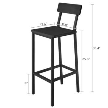 MAHANCRIS Bar Chairs, Set of 2 Bar Stools with Backrest, 25.6" Tall Counter Bar Stools, Kitchen Bar Stools with Footrest, for Dining Room, Bar, Easy Assembly, Black BAHB03101