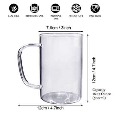 Schliersee 16 Oz Clear Glass Mugs Set of 6, Large Thin Lightweight Cups for Beer, Coffee, Tea, Juice, for Hot or Cold Beverages