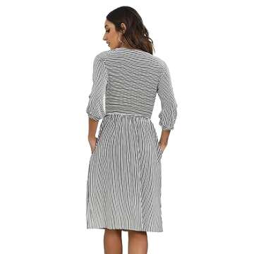 MEROKEETY Women's 3/4 Balloon Sleeve Striped High Waist T Shirt Midi Dress, Black White, Medium