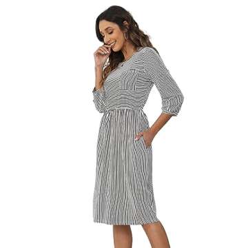 MEROKEETY Women's 3/4 Balloon Sleeve Striped High Waist T Shirt Midi Dress, Black White, Medium