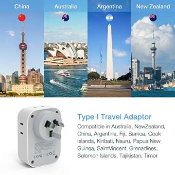 TESSAN Australia Power Plug Adapter, US to New Zealand China Power Adaptor with 4 American Outlets 3 USB Ports, Type I Travel Adapter for USA to Australian, AU, Argentina, Fiji