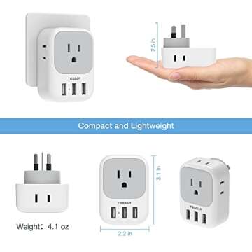 TESSAN Australia Power Plug Adapter, US to New Zealand China Power Adaptor with 4 American Outlets 3 USB Ports, Type I Travel Adapter for USA to Australian, AU, Argentina, Fiji