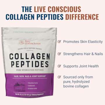 Live Conscious Collagen Peptides Powder - Naturally-Sourced Hydrolyzed Collagen Powder - Hair, Skin, Nail, and Joint Support - Type I & III Grass-Fed Collagen Supplements for Women and Men - 16oz