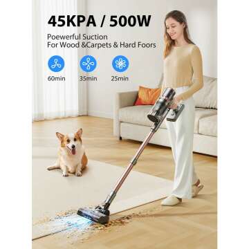 Vacuum Cleaners, 45KPa Powerful Suction Cordless Vacuum Cleaner with LED Touch Display, 60mins Runtime Lightweight Stick Vacuums，Handheld Vacuums for Home, Pet Hair