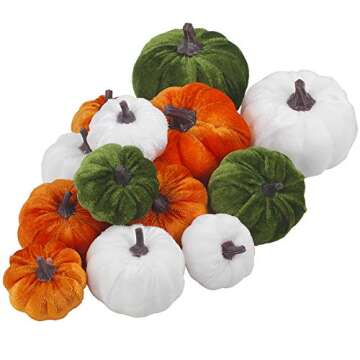 Winlyn 13 Pcs Assorted Mini Velvet Pumpkins Green Orange White Pumpkins for Halloween, Fall Thanksgiving Decorating Harvest Embellishing and Displaying