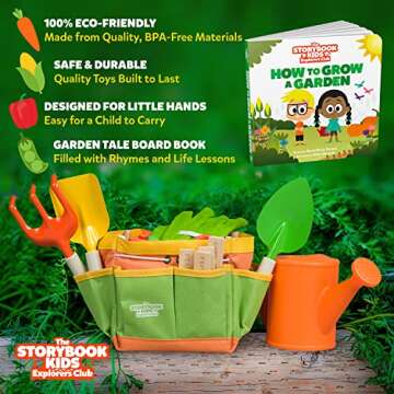 Matching Board Book - Green Kids Gardening Tools Set Includes Sturdy Tote Bag, Watering Can, Shovel, Rake, and Trowel - Garden Storybook - Kids Garden Tools- Easter Gifts for Toddler Age on up.