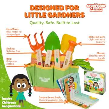 Matching Board Book - Green Kids Gardening Tools Set Includes Sturdy Tote Bag, Watering Can, Shovel, Rake, and Trowel - Garden Storybook - Kids Garden Tools- Easter Gifts for Toddler Age on up.