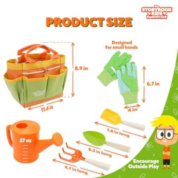 Matching Board Book - Green Kids Gardening Tools Set Includes Sturdy Tote Bag, Watering Can, Shovel, Rake, and Trowel - Garden Storybook - Kids Garden Tools- Easter Gifts for Toddler Age on up.