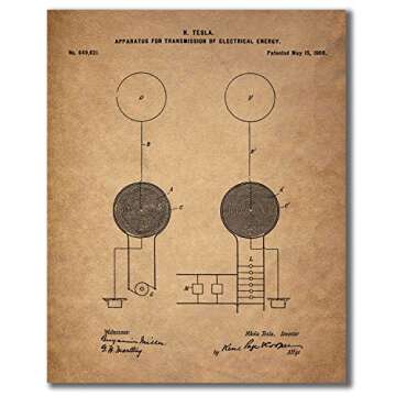 BigWig Prints Tesla Patent Wall Art - Vintage Nikola Tesla Blueprint Prints, Inventor Poster Set, Scientific Wall Decor for Home or Office, Historical Artwork - Unframed Set of 6 (8x10)