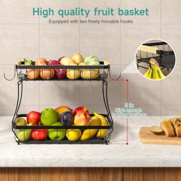 Sevenblue 2 Tier Fruit Basket for Kitchen with 2 Banana Hangers, Detachable Metal Fruit Bowl for Kitchen Counter for Fruit and Vegetable Storage, Large Capacity Rectangular Storage Stand Bowls