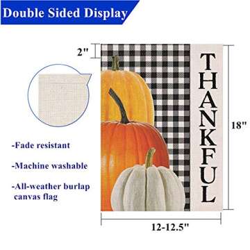 Covido Thankful Garden Flag Home Decorative Pumpkins House Yard Outside Small Flag Buffalo Plaid Check, Autumn Thanksgiving Decor Farmhouse Seasonal Outdoor Decorations Double Sided 12 x 18