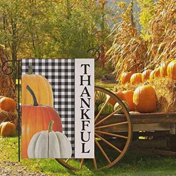 Covido Thankful Garden Flag Home Decorative Pumpkins House Yard Outside Small Flag Buffalo Plaid Check, Autumn Thanksgiving Decor Farmhouse Seasonal Outdoor Decorations Double Sided 12 x 18