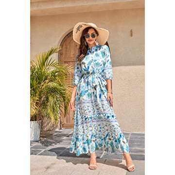 HECCPLI Women 3/4 Sleeves Front Buttons Floral Print Casual Bohemian Maxi Dresses