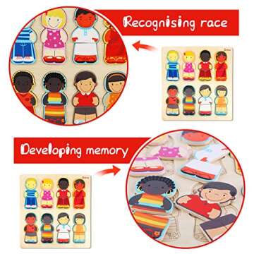 Wooden Puzzle for Toddlers 1-3, Children of The World Racial Cognition Dress-up Peg Puzzle Educational Toys, 24 Pieces Mix and Match Boys and Girls Multicultural Diversity Toys for Kids