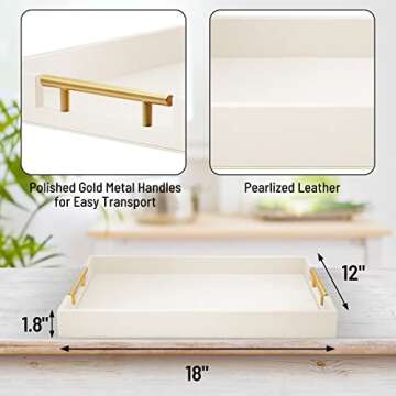 18" x 12" Wood Serving Tray with Gold Polished Metal Handles, Home Decorative Wooden Rectangle Ottoman Decor Platter Bathroom Vanity Tray for All Occasions White