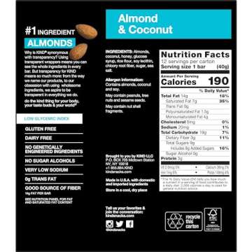 KIND Bars, Almond & Coconut, Healthy Snacks, Gluten Free, 12 Count