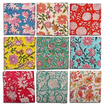 DIYANAIMPEX 10 Pc Cotton Cloth Napkins Hand Block Print Hand Made Size 16x16 Inch Printed Home Decor Indian Eco Friendly Mix Lot Dinner Napkins (Multicoloured)